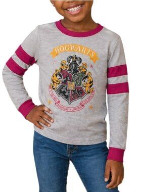 Harry Potter Kids Size 4/5 Shirt Hogwarts Crest Long Sleeve Gray Pink Design